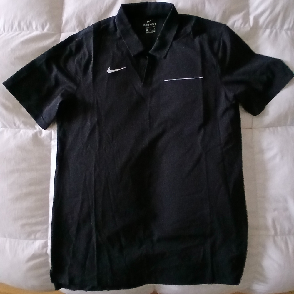 New. Nike Dri-Fit Black Polo Shirt white swoosh.